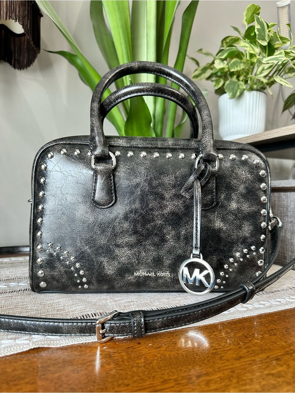 Michael Kors Thompson Medium Distressed Studded Satchel - Black - Silver
